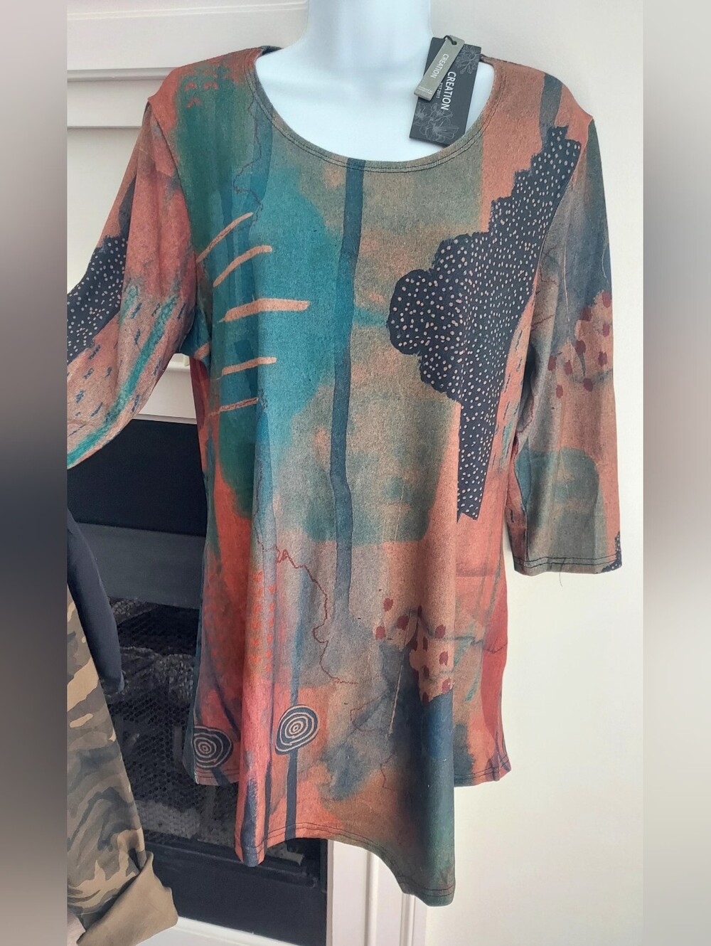Abstract Print Scoop Neck Tunic - Teal & Rust -